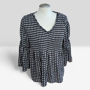 Spense Babydoll Gingham V-Neck Blouse Size Medium Black & White